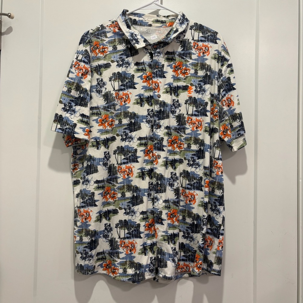 Izod Golf Z-Series Men XL Tropical Floral Palm Tree Polo Shirt Blue Orange White